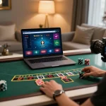 Player engaging in live dealer blackjack online with O8, featuring a vibrant betting interface in a cozy home setting.