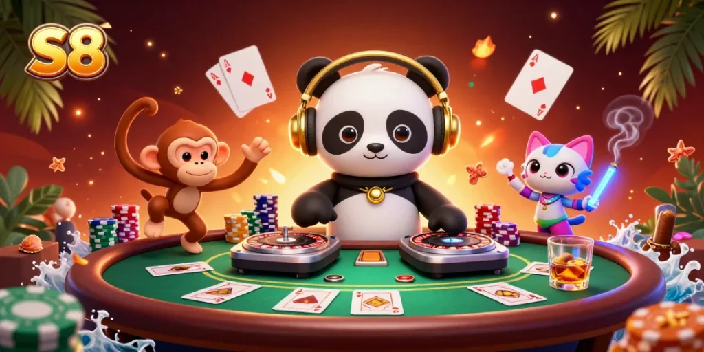 Experience thrilling casino gameplay with S8 characters in a vibrant 3D illustration showcasing poker action.