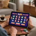Players enjoying exciting gaming action at lc88 online casino on a cozy home tablet.