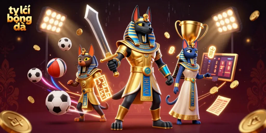 Engage with tỷ lệ bóng đá as Anubis and Bastet bet amidst dynamic sports elements in a rich 3D illustration.