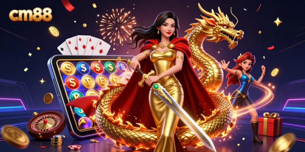 Engage with cm88 online gaming excitement, showcasing vibrant slots and dynamic casino elements.