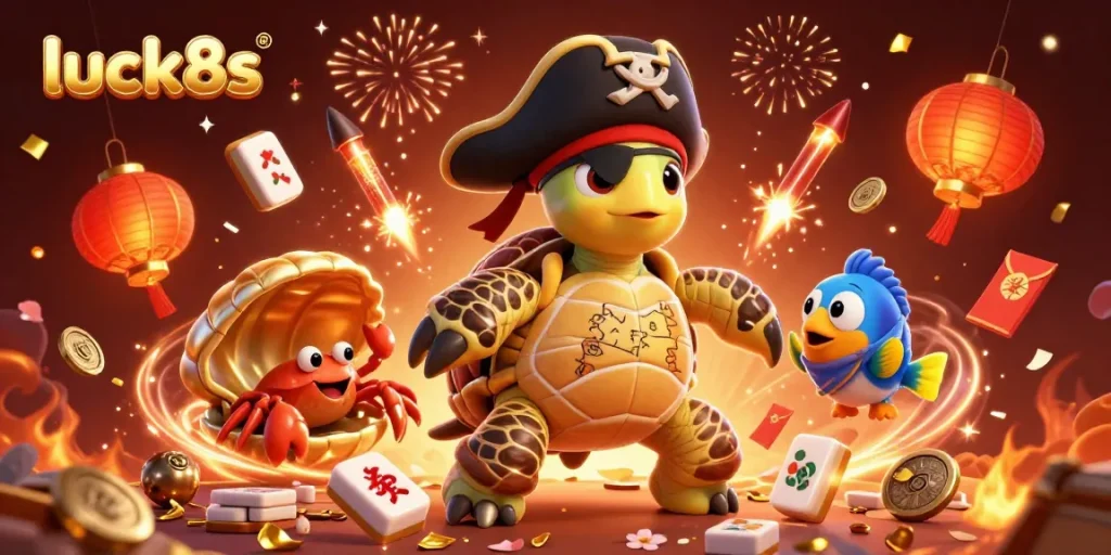 Experience luck8s with a 3D turtle pirate exploring above a treasure trove in an exciting gaming scene.