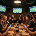 Excited bettors engaging in live betting at 999bet sports bar with multiple screens showing events.