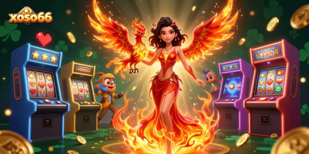 Spin and win at xoso66 with an enchanting Asian woman and phoenix amidst vibrant casino elements.