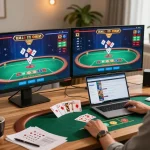 Player engaged in strategic online poker using dual screens with mb666 betting strategies in a cozy home setup.