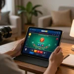Player enjoying online gambling at open88 com on tablet, strategic gameplay atmosphere in a cozy home.