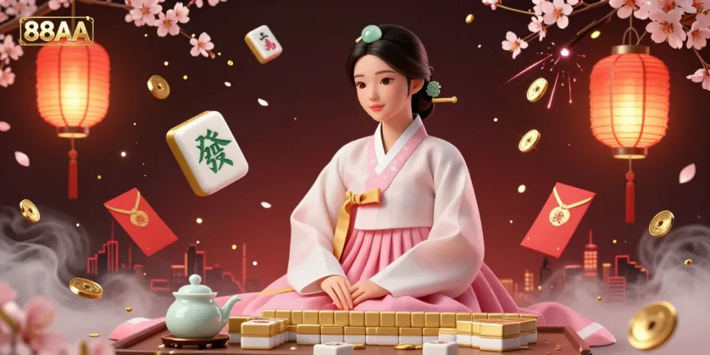 Engage in the vibrant atmosphere of 88AA with an elegant scene of a Korean woman amidst casino-themed elements.