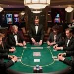 SC88 poker game in luxury casino, players engaged with cards and chips, sophisticated atmosphere