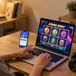 Player enjoying JUN88 slot games on a laptop at home, showcasing a dynamic and engaging online gaming atmosphere.