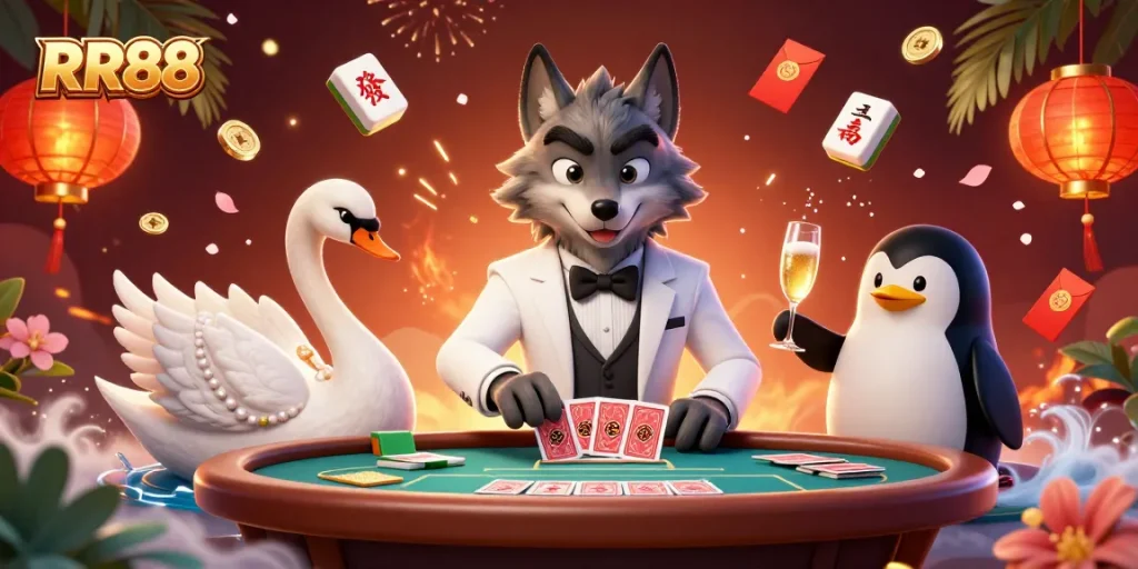 RR88 players enjoy thrilling baccarat with elegant characters and festive elements.