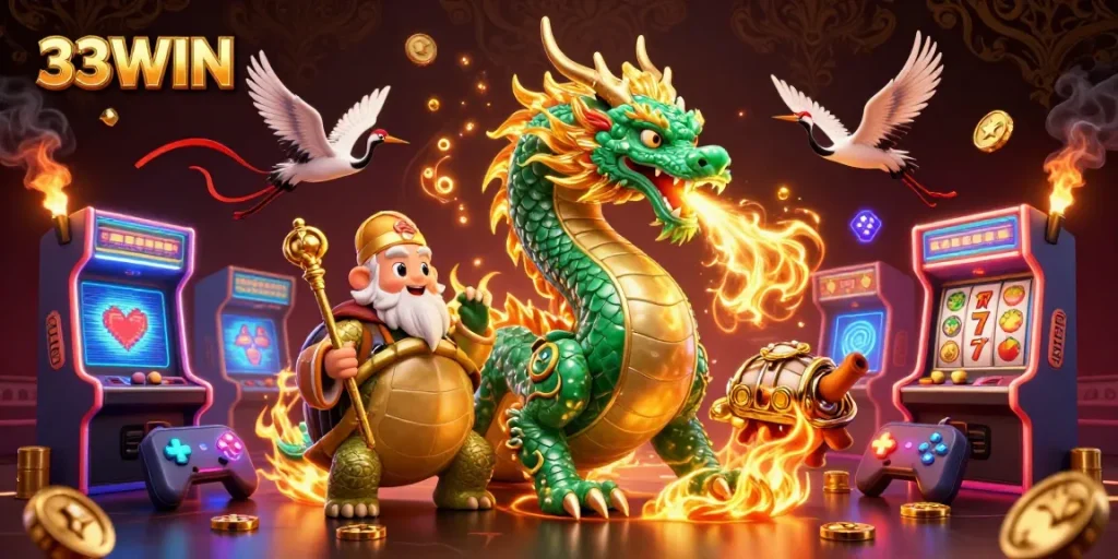 Engage with 33WIN's vibrant casino fantasy featuring a jade dragon surrounded by unique game elements.