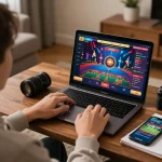 Engaging in online gaming through FLY88 with a cozy setup showcasing live dealer games