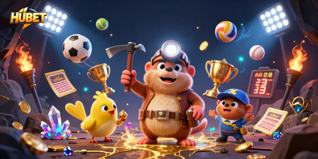 At HUBET, enjoy a thrilling adventure with a treasure hunter mole and dynamic sports betting elements, showcasing excitement.