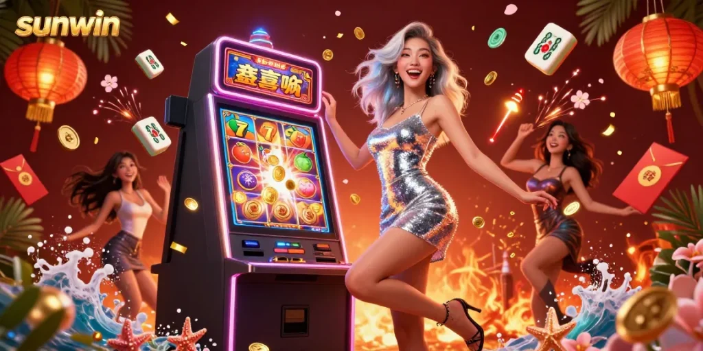 Experience the thrilling Jackpot celebration at Sunwin Casino with vibrant neon lights and winning symbols.