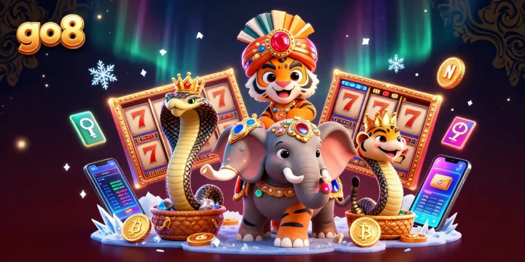 Experience exhilarating slots at go8 with a cartoon maharaja tiger, adorned with gems.