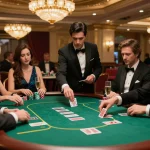 Players engage in a high-stakes poker game at a luxurious casino table, focusing on strategic bets for debet management.