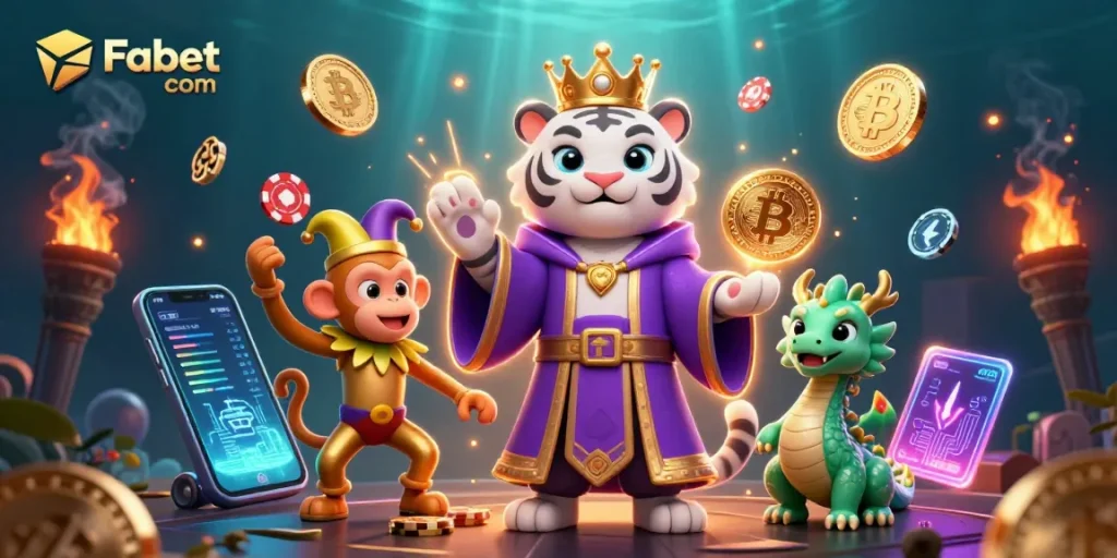 Engage with the thrilling world of Fabet com featuring casino vibes, vibrant characters, and crypto elements.