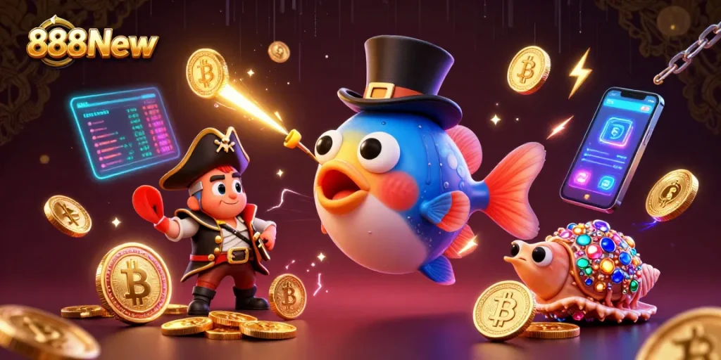 Spin and win with 888New in a vibrant casino scene filled with animated characters and crypto elements.