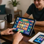 Player engaging in nổ hũ spin on tablet with excitement in cozy home atmosphere