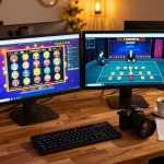 Engaging online gaming session at 86bet with vibrant slot games and strategic betting notes