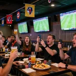 Excited fans watching live football in a vibrant sports environment, engaging with ดูบอล through screens and mobile apps