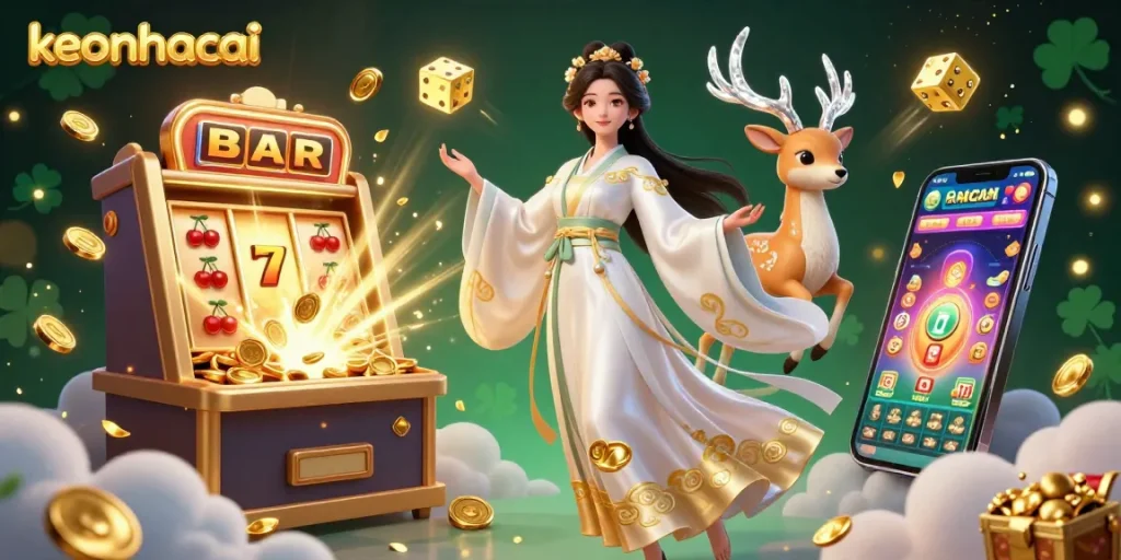 Engage with keonhacai in a vibrant 3D casino scene showcasing exotic characters and thrilling game elements.