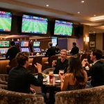 Friends enjoying an exciting sports betting moment at 58win's upscale lounge, celebrating live events.