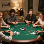 Players enjoying a thrilling home poker night at LLWIN, showcasing colorful chips and engaged interactions