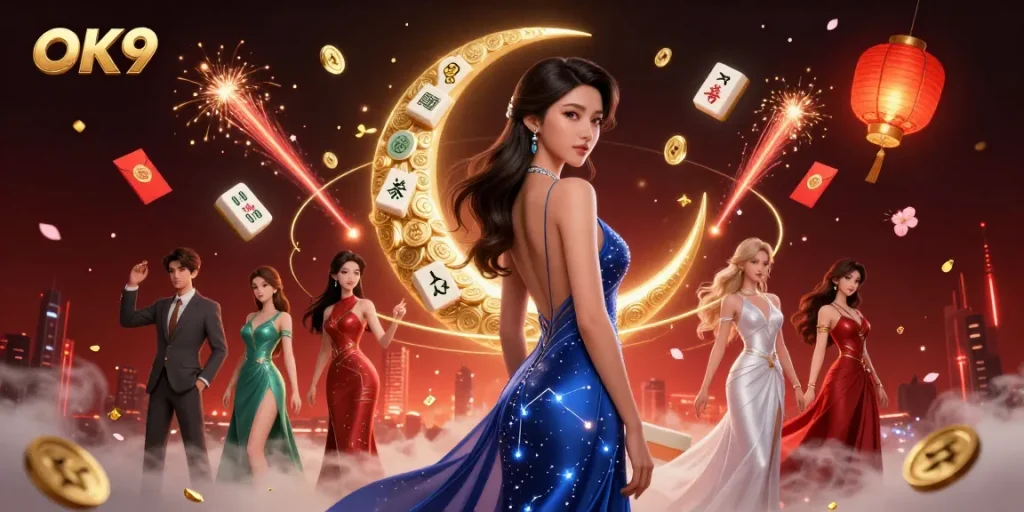Experience the excitement of OK9 casino games featuring an elegant Asian woman amidst vibrant, dynamic gambling elements.
