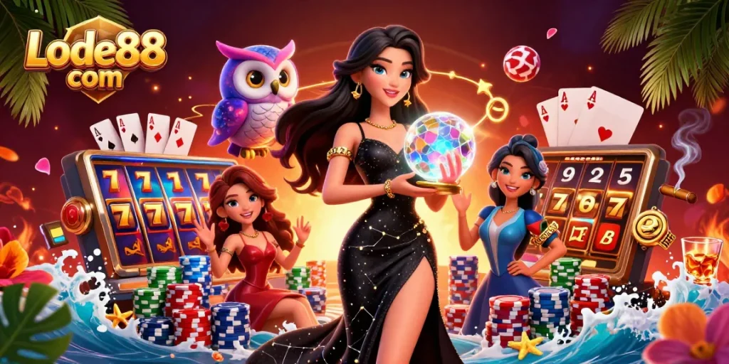 Win big with Lode88 com in this vibrant casino-themed 3D illustration packed with exciting gaming elements.