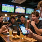 Patrons placing bets using the GK88 app in an energetic sports bar atmosphere