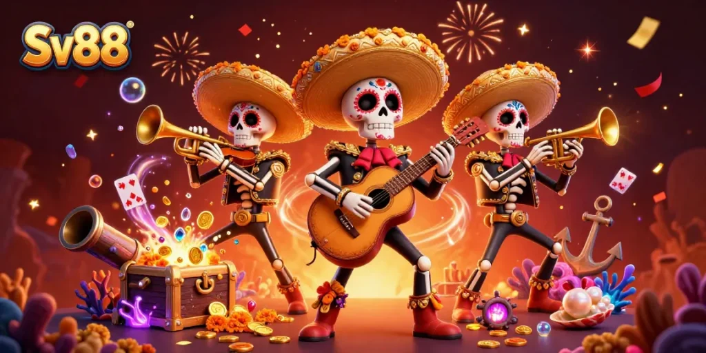 Sv88 showcases a vibrant mariachi band celebrating with a treasure explosion and colorful casino elements.