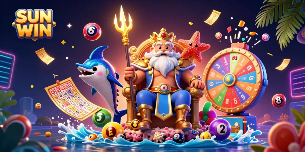 Engage with the thrilling SUN WIN experience featuring Neptune and dynamic lottery elements in a vibrant 3D scene.