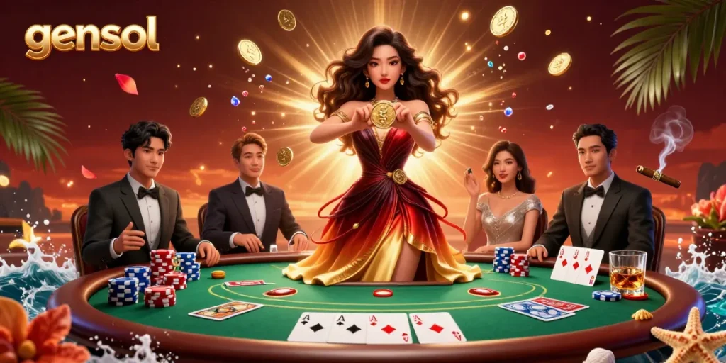 Gamble with excitement at gensol, featuring a stunning woman displaying golden success with poker elements.