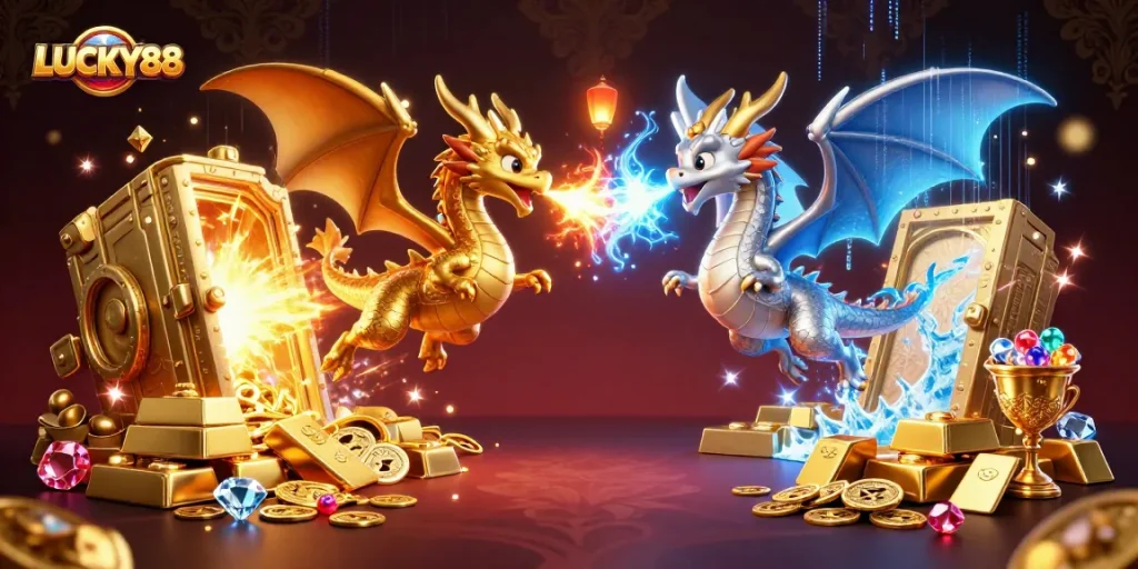 Unleash big wins with LUCKY88 in this captivating 3D casino scene featuring elemental dragons.