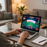 Player enjoys online game at x88 while using laptop and checking strategies in stylish living room.