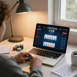 Player engaging in an online poker game with Pragmati Play on their laptop, showcasing attentive gameplay.