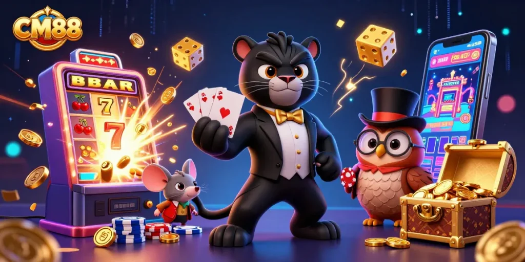 Experience excitement at CM88 with a stylish panda dealer amidst dynamic casino elements.