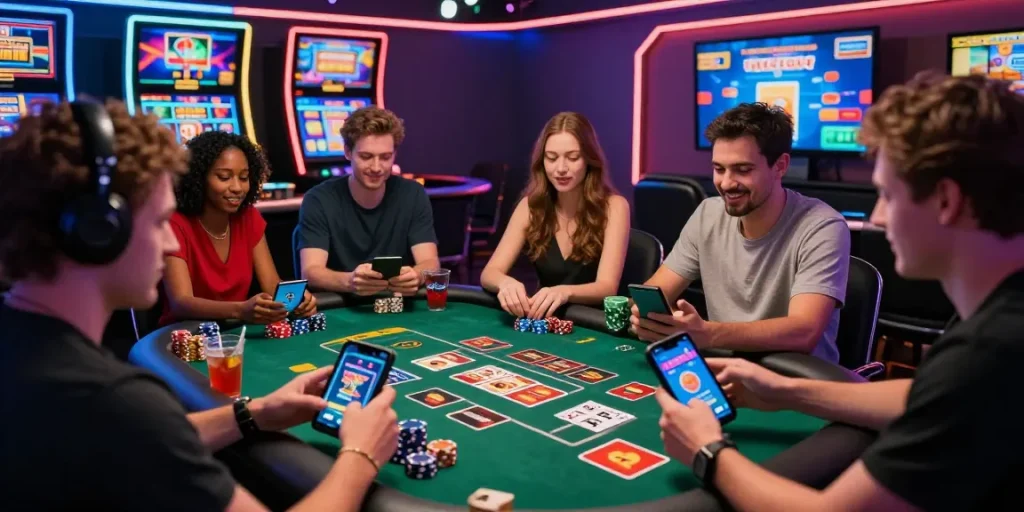 Players enjoying games at vibrant casinos that accept credit cards, showcasing excitement and modern design elements.