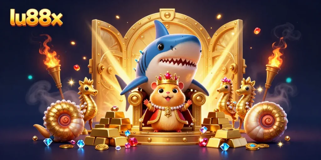 Engage with thrilling gaming action at lu88x, featuring vibrant characters and rich treasure visuals.