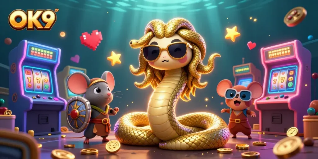 Spin slot reels with OK9 characters amid colorful casino elements in an exciting gaming environment.