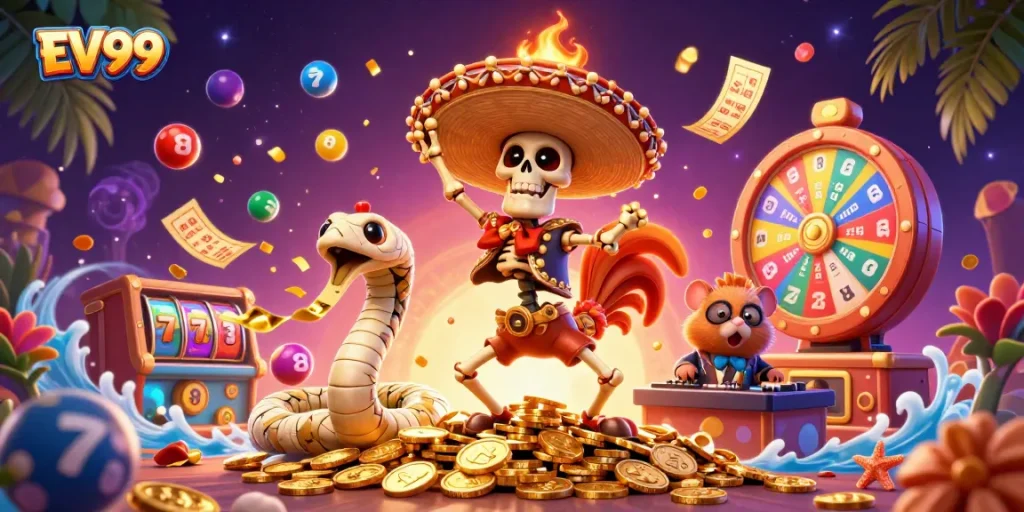Celebrate wins with EV99, a vibrant and dynamic online casino illustration featuring lively gaming elements.