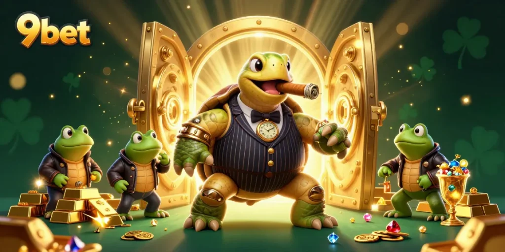 Engage in exciting gameplay with 9bet's massive snapping turtle mobster and frog enforcers in a vibrant casino scene.