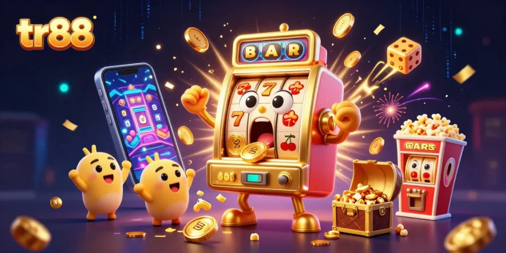 tr88 slot machine hits jackpot with flying coins and cheering babies in a vibrant casino scene