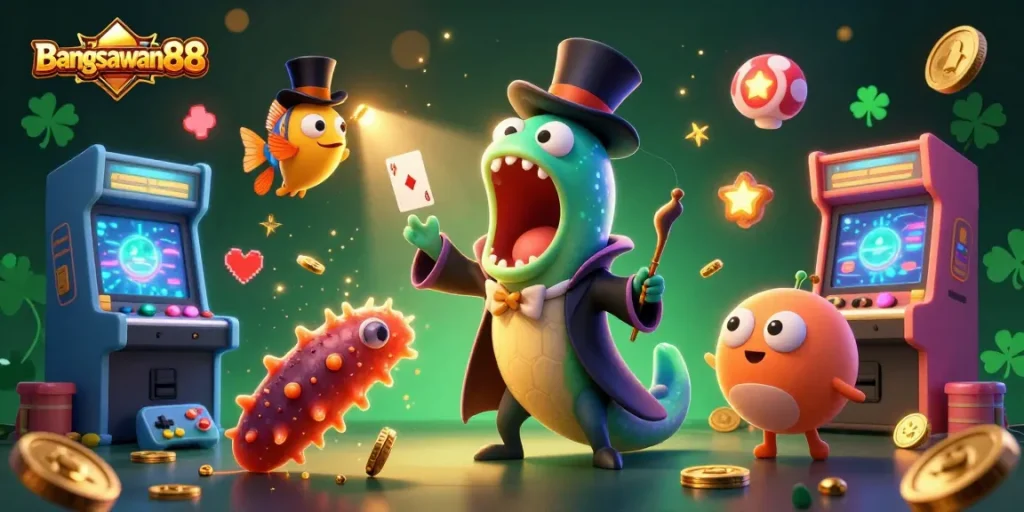 Bangsawan88 showcases an energetic casino scene with a whimsical gulper eel performing tricks, surrounded by vibrant gaming elements.