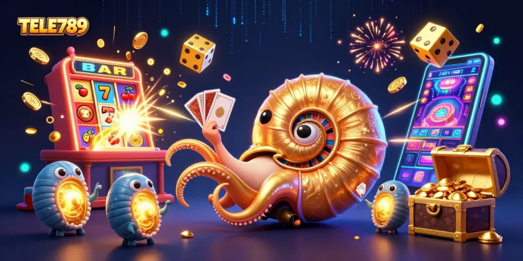 Engage in thrilling gaming at TELE789 with dynamic giant nautilus and immersive casino elements.
