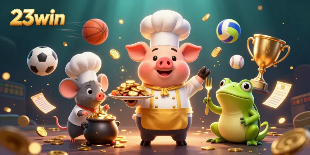 Engage with the dynamic 23win casino scene showcasing a gourmet chef pig serving gold coins amidst energetic sports elements.