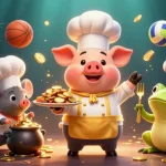 Engage with the dynamic 23win casino scene showcasing a gourmet chef pig serving gold coins amidst energetic sports elements.
