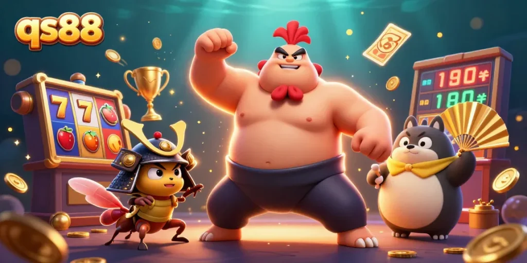 Experience thrilling action at qs88 with a cartoon sumo wrestler, samurai cricket, and tanuki announcer amidst vibrant casino elements.