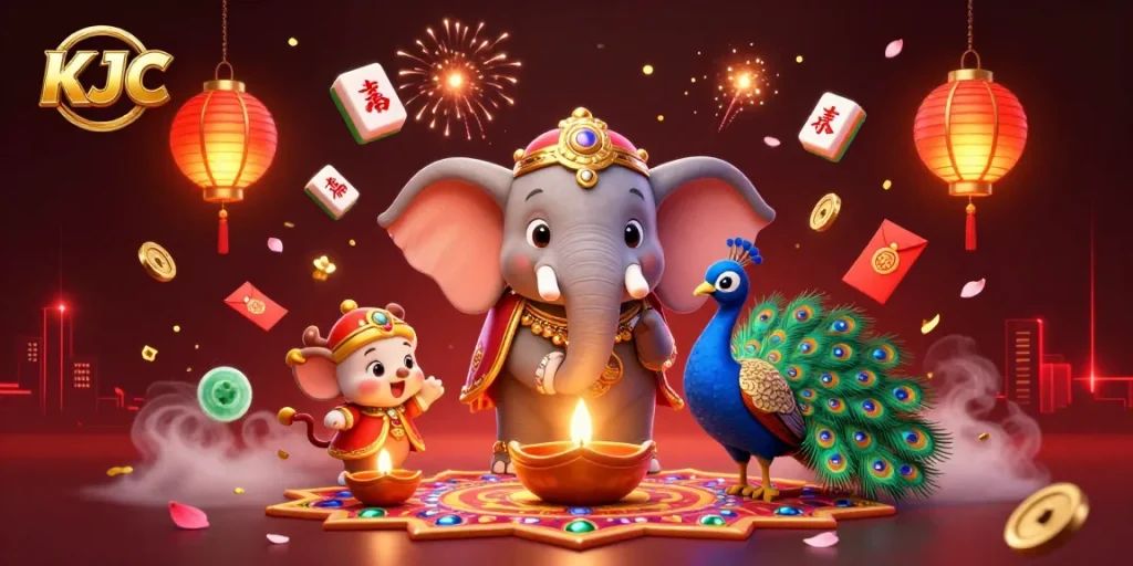 KJC presents a vibrant 3D illustration featuring a Diwali-themed elephant interacting with decorative Chinese elements while gambling excitement unfolds.